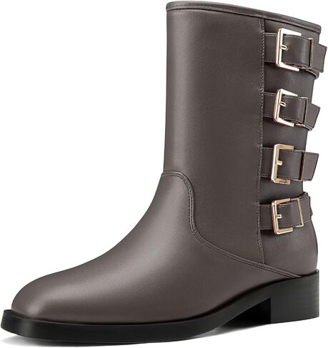 Castamere Women's Slip-on Mid Calf Boots Low Chunky Block Heel Square Toe Fashion Buckles Ankle Boots Casual Dress Short Bootie 1.2 Inches Heels in Saudi Arabia