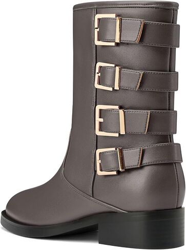 Castamere Women's Slip-on Mid Calf Boots Low Chunky Block Heel Square Toe Fashion Buckles Ankle Boots Casual Dress Short Bootie 1.2 Inches Heels in Saudi Arabia