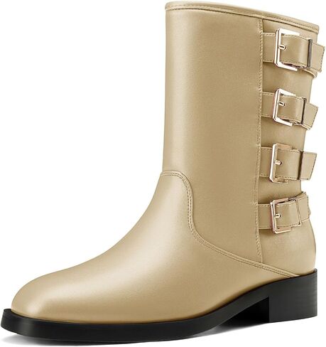 Castamere Women's Slip-on Mid Calf Boots Low Chunky Block Heel Square Toe Fashion Buckles Ankle Boots Casual Dress Short Bootie 1.2 Inches Heels in Saudi Arabia