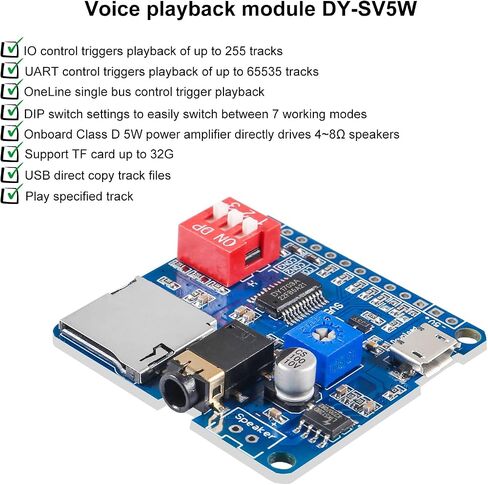2pcs Voice Playback Module Board MP3 Player Music Voice Module Board, 5W 64MBit Flash Serial Control SD/TF Card IO Trigger UART Serial Adapter Control Playback Module DY-SV5W in Saudi Arabia