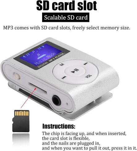 Mini MP3 Player,Mini LCD Screen Display USB Player,with Earphones,Ultra-Light Clip-on Player,Metal Shell,Support 32G,Suitable for Sports,Listening to (Silver) in Saudi Arabia