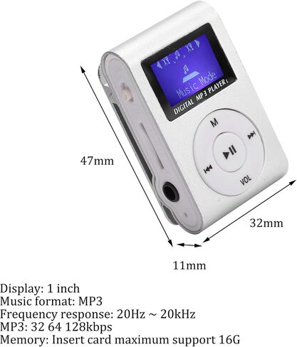 Mini MP3 Player,Mini LCD Screen Display USB Player,with Earphones,Ultra-Light Clip-on Player,Metal Shell,Support 32G,Suitable for Sports,Listening to (Silver) in Saudi Arabia