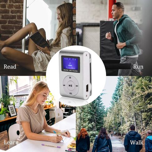 Mini MP3 Player,Mini LCD Screen Display USB Player,with Earphones,Ultra-Light Clip-on Player,Metal Shell,Support 32G,Suitable for Sports,Listening to (Silver) in Saudi Arabia