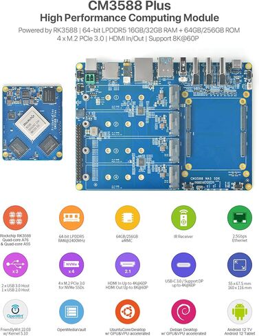 WayPonDEV CM3588 Network Storage Module NAS Kit, 16GB LPDDR4 Single Board Computer, RK3588 2.4GHz CPU 6TOPs NPU Mali-G610 GPU, Support 4X NVMe SSD for Home Cloud Server, 8K Video Encoders (16+64GB) in Saudi Arabia