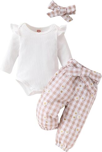 Kaipiclos Infant Baby Girl Clothes 0 3 6 12 18 24 Months Rib Knit Romper Daisy Print Pants Headband Baby Clothes for Girls in Kuwait