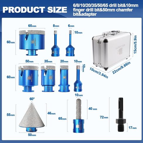 Diamond Core Drill Bit Set - BRSCHNITTTile Hole Saw Kit 1/4"5/16"3/8"4/5" 1-3/8"2" 3" 4 1/2"& 4/5"Finger Bit&2"Chamfer Bit for Porcelain Tile Ceramic Marble Granite&Diamond Blade in Saudi Arabia