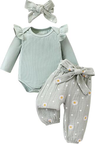 Tsnbre Newborn Baby Girl Clothes Letter Daisy Rib Knit Romper Pants Headband Fall Winter Outfits 3 6 12 18 Months in Saudi Arabia
