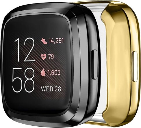 Tobfit 2 Pack لـ Fitbit Versa 2 حافظة حماية للشاشة، غطاء حماية كامل حساس باللمس من مادة TPU مطلية ناعمة لملحقات الساعة الذكية Fitbit Versa 2، أسود + أسود in Kuwait