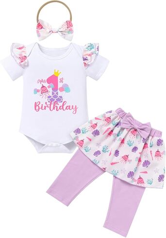 IBTOM CASTLE Baby Girls 1st Birthday Outfits Strawberry/Rainbow/Mermaid/Cow Romper Skirted Leggings with Headband 3pcs Set in Kuwait