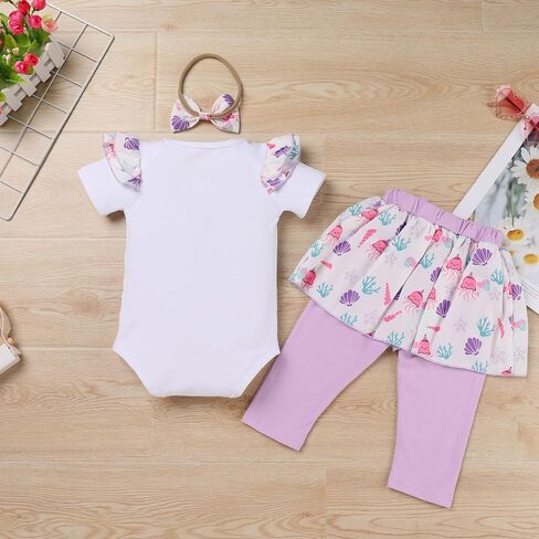 IBTOM CASTLE Baby Girls 1st Birthday Outfits Strawberry/Rainbow/Mermaid/Cow Romper Skirted Leggings with Headband 3pcs Set in Kuwait