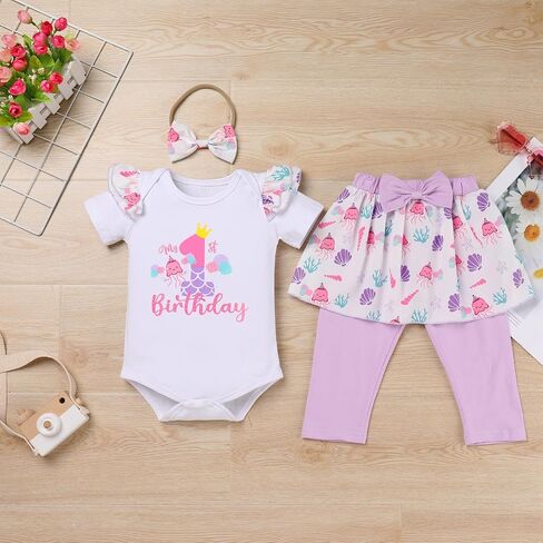 IBTOM CASTLE Baby Girls 1st Birthday Outfits Strawberry/Rainbow/Mermaid/Cow Romper Skirted Leggings with Headband 3pcs Set in Kuwait