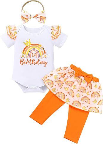 IBTOM CASTLE Baby Girls 1st Birthday Outfits Strawberry/Rainbow/Mermaid/Cow Romper Skirted Leggings with Headband 3pcs Set in Kuwait