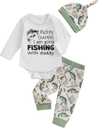 Lamuusaa Newborn Baby Boy Outfits Long Sleeve Fishing with Daddy Romper Bodysuit Fish Patterns Long Pants Hat Fall Outfit in Saudi Arabia