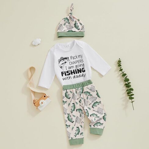 Lamuusaa Newborn Baby Boy Outfits Long Sleeve Fishing with Daddy Romper Bodysuit Fish Patterns Long Pants Hat Fall Outfit in Saudi Arabia