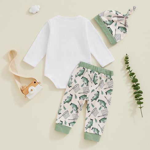 Lamuusaa Newborn Baby Boy Outfits Long Sleeve Fishing with Daddy Romper Bodysuit Fish Patterns Long Pants Hat Fall Outfit in Saudi Arabia