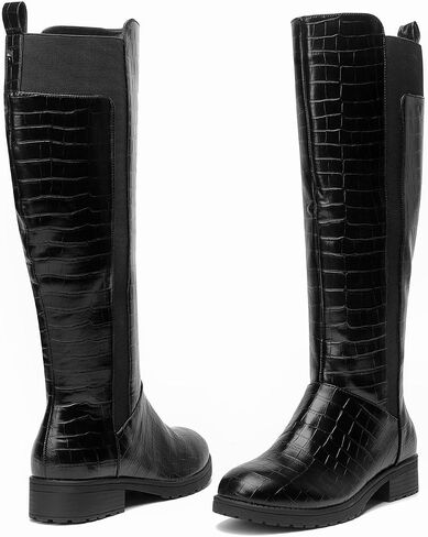 Women's Flat Low Heel Knee High Boot Fashion Extra Wide Calf Boots Side Zip Stretch Winter Booties in Kuwait