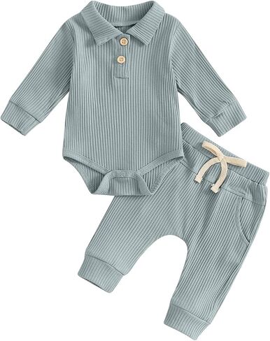 Newborn Baby Boy Clothes Infant Fall Winter Outfit Long Sleeve Button Collar Romper and Elastic Waist Pants Set in Saudi Arabia