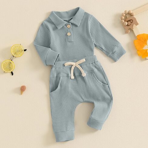 Newborn Baby Boy Clothes Infant Fall Winter Outfit Long Sleeve Button Collar Romper and Elastic Waist Pants Set in Saudi Arabia