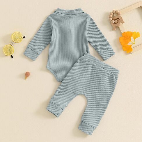 Newborn Baby Boy Clothes Infant Fall Winter Outfit Long Sleeve Button Collar Romper and Elastic Waist Pants Set in Saudi Arabia