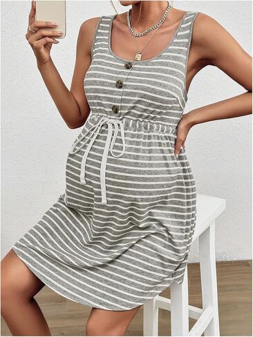 MakeMeChic Women's Striped Sleeveless Maternity Dress Crew Neck Button Drawstring Waist Pregnancy Dress in Saudi Arabia