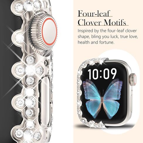Fullife Compatible with Apple Watch Series 9 Case 40mm 41mm 44mm 45mm, Four-Leaf Clover Crystal Rhinestone Bumper Bling Face Cover Sparkling Frame for iWatch SE2/SE Series 9 8 7 6 5 4 for Women in Kuwait