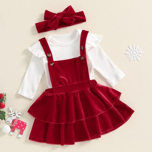 Baby Girl Christmas Outfits Ribbed Knit Long Sleeve Romper Suspender Skirt Headband Set 3Pcs Fall Winter Clothes in Kuwait