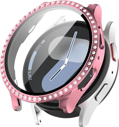 Miimall Stylish Case for Samsung Galaxy Watch 7 Cover, No Fog PC & Tempered Glass Screen Protective Face Cover- Classy Crystal Glitter Full Protection Bumper Case for Galaxy Watch 7 40mm Women (Pink) in Kuwait