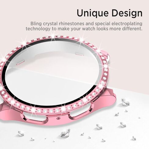 Miimall Stylish Case for Samsung Galaxy Watch 7 Cover, No Fog PC & Tempered Glass Screen Protective Face Cover- Classy Crystal Glitter Full Protection Bumper Case for Galaxy Watch 7 40mm Women (Pink) in Kuwait
