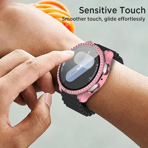 Miimall Stylish Case for Samsung Galaxy Watch 7 Cover, No Fog PC & Tempered Glass Screen Protective Face Cover- Classy Crystal Glitter Full Protection Bumper Case for Galaxy Watch 7 40mm Women (Pink) in Kuwait