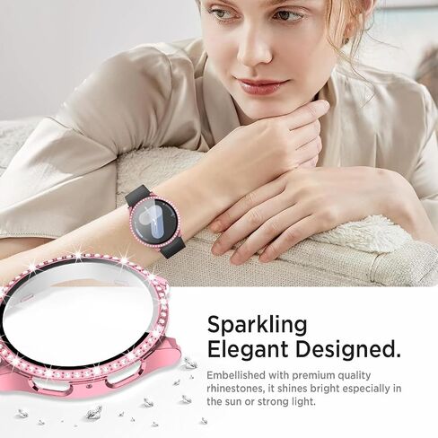 Miimall Stylish Case for Samsung Galaxy Watch 7 Cover, No Fog PC & Tempered Glass Screen Protective Face Cover- Classy Crystal Glitter Full Protection Bumper Case for Galaxy Watch 7 40mm Women (Pink) in Kuwait