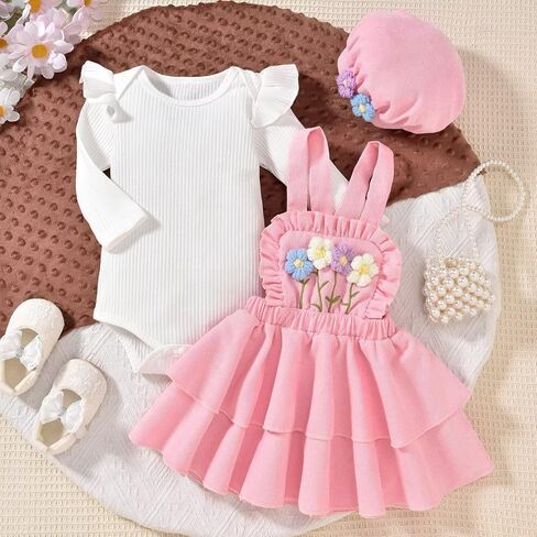 Unutiylo Toddler Baby Girl Clothes Fall Winter Ruffle Newborn Outfit Long Sleeve Baby Romper Overall Skirt Dress in Kuwait