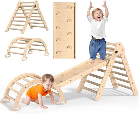 XJD 7 in 1 Pikler Triangle Set, Foldable Climbing Toys for Toddlers, Toddler Indoor Playground for 3-6 Years, with Ramp Sliding or Climbing, Rocker, Wooden Climbing Set (5-1-Colorful) in Kuwait