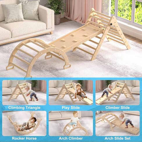XJD 7 in 1 Pikler Triangle Set, Foldable Climbing Toys for Toddlers, Toddler Indoor Playground for 3-6 Years, with Ramp Sliding or Climbing, Rocker, Wooden Climbing Set (5-1-Colorful) in Kuwait