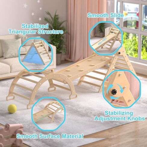 XJD 7 in 1 Pikler Triangle Set, Foldable Climbing Toys for Toddlers, Toddler Indoor Playground for 3-6 Years, with Ramp Sliding or Climbing, Rocker, Wooden Climbing Set (5-1-Colorful) in Kuwait