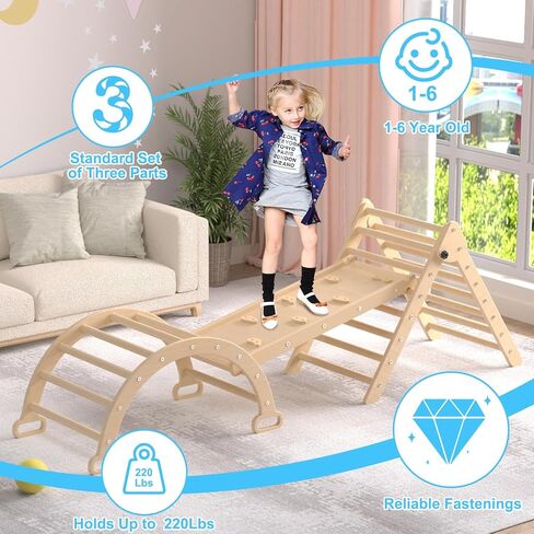 XJD 7 in 1 Pikler Triangle Set, Foldable Climbing Toys for Toddlers, Toddler Indoor Playground for 3-6 Years, with Ramp Sliding or Climbing, Rocker, Wooden Climbing Set (5-1-Colorful) in Kuwait