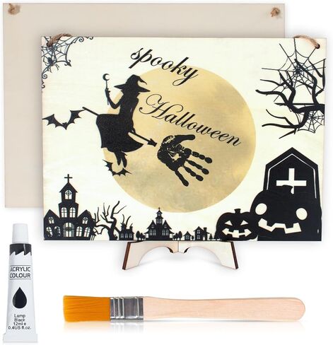 مجموعة أدوات فنية لبصمة اليد للهالوين، علامة تعليق خشبية للهالوين ببصمة اليد الأولى للطفل، DIY للأطفال الصغار هدية للآباء الجدد تذكار عائلي لديكور الهالوين لوحة خشبية in Kuwait