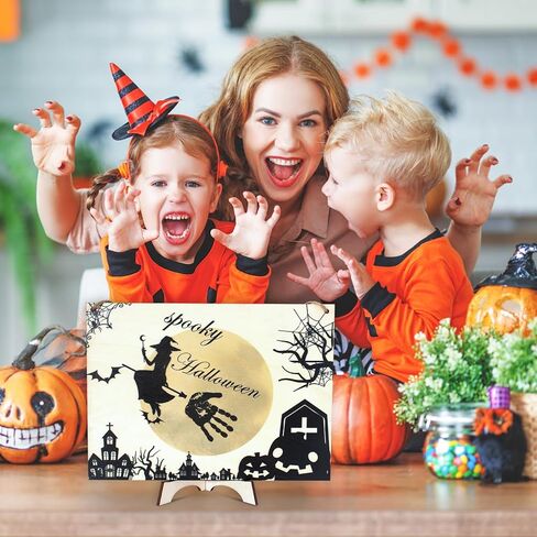 مجموعة أدوات فنية لبصمة اليد للهالوين، علامة تعليق خشبية للهالوين ببصمة اليد الأولى للطفل، DIY للأطفال الصغار هدية للآباء الجدد تذكار عائلي لديكور الهالوين لوحة خشبية in Kuwait