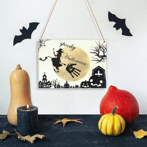 مجموعة أدوات فنية لبصمة اليد للهالوين، علامة تعليق خشبية للهالوين ببصمة اليد الأولى للطفل، DIY للأطفال الصغار هدية للآباء الجدد تذكار عائلي لديكور الهالوين لوحة خشبية in Kuwait