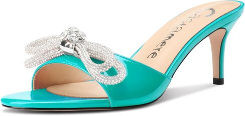 Castamere Round Open Toe Heeled Sandals for Women Rhinestone Double Bowknots Mid Kitten Heels Slip-on Dress Wedding Dating Heeled Mules 2.6 Inches Heels in Saudi Arabia