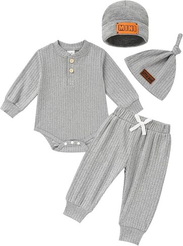 Newborn Baby Boy Girl Clothes Set Ribbed Outfits Solid Long Sleeve Tops Pants Romper Winter Fall Toddler 0-12 Months in Saudi Arabia
