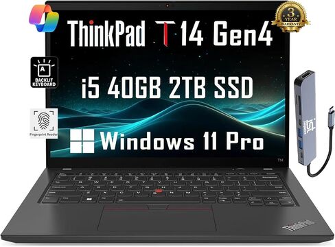 Lenovo ThinkPad T14 Gen 4 Business Laptop (14" FHD+, Intel 10-Core i5-1335U, 40GB DDR5 RAM, 1TB SSD), Backlit, 2 x Thunderbolt 4, Wi-Fi 6E, 3-Yr WRT, IST Hub, Win 11 Pro w/AI Copilot, Black in Saudi Arabia