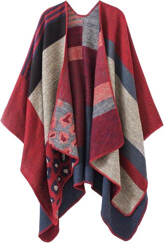Women's Travel Plaid Shawl Wraps Open Front Poncho Cape Warm Oversized Sweaters Casual Cardigan Shawls for Fall Winter,Series 03-Gradient Red in Saudi Arabia