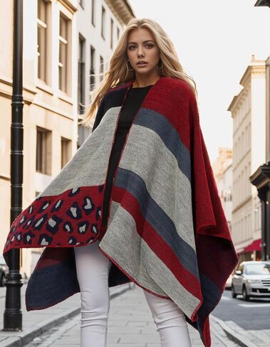 Women's Travel Plaid Shawl Wraps Open Front Poncho Cape Warm Oversized Sweaters Casual Cardigan Shawls for Fall Winter,Series 03-Gradient Red in Saudi Arabia