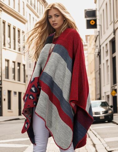 Women's Travel Plaid Shawl Wraps Open Front Poncho Cape Warm Oversized Sweaters Casual Cardigan Shawls for Fall Winter,Series 03-Gradient Red in Saudi Arabia