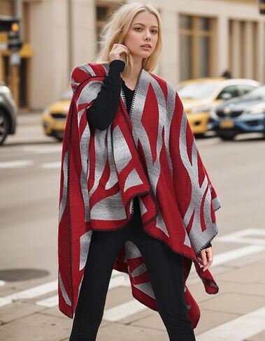 Women's Travel Plaid Shawl Wraps Open Front Poncho Cape Warm Oversized Sweaters Casual Cardigan Shawls for Fall Winter,Series 03-Gradient Red in Kuwait