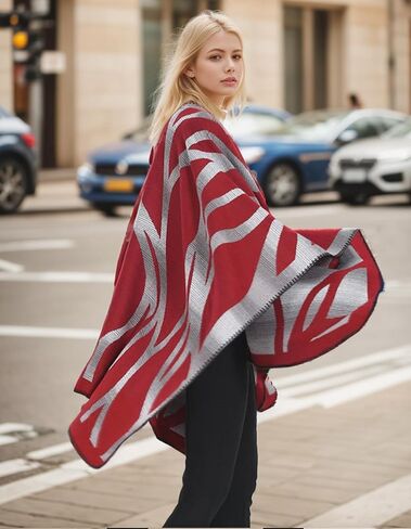 Women's Travel Plaid Shawl Wraps Open Front Poncho Cape Warm Oversized Sweaters Casual Cardigan Shawls for Fall Winter,Series 03-Gradient Red in Kuwait