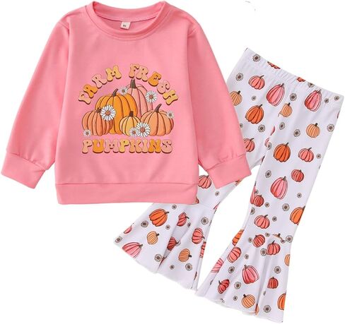 Halloween Bell Bottoms Outfit Toddler Baby Farm Fresh Pumpkin Sweatshirt Crewneck Long Sleeve Pullover + Flare Pants in Saudi Arabia