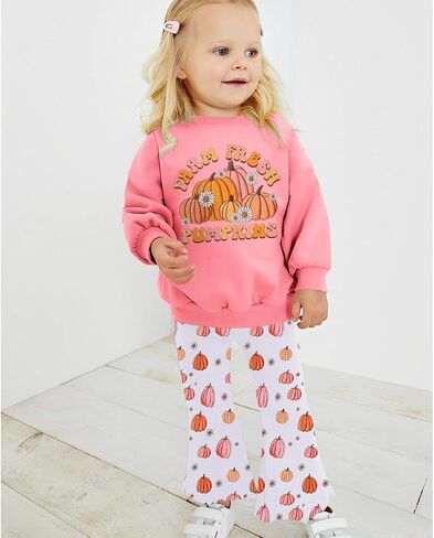 Halloween Bell Bottoms Outfit Toddler Baby Farm Fresh Pumpkin Sweatshirt Crewneck Long Sleeve Pullover + Flare Pants in Saudi Arabia