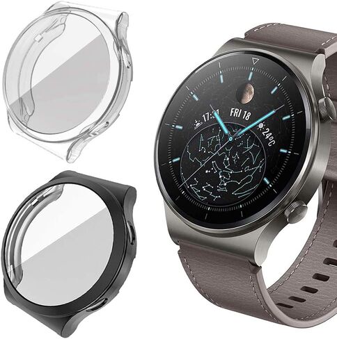 حافظة حماية للشاشة من Hepsun مكونة من قطعتين متوافقة مع حافظة Huawei Watch GT 2 Pro، حافظة غطاء شاشة ناعمة ومرنة من مادة TPU الشاملة، غطاء مقاوم للصدمات لملحقات Huawei GT2 Pro (شفاف + أسود) in Kuwait