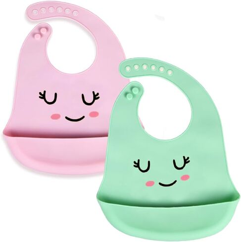 2 Pack Adjustable Waterproof Food Grade Silicone Feeding Bib with Food Catcher Pocket for 0-36 Month Baby Easy Clean in Saudi Arabia